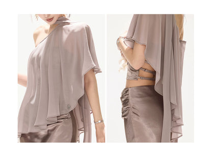 Elegant Asymmetric Chiffon Shawl Top with Built-in Bustier