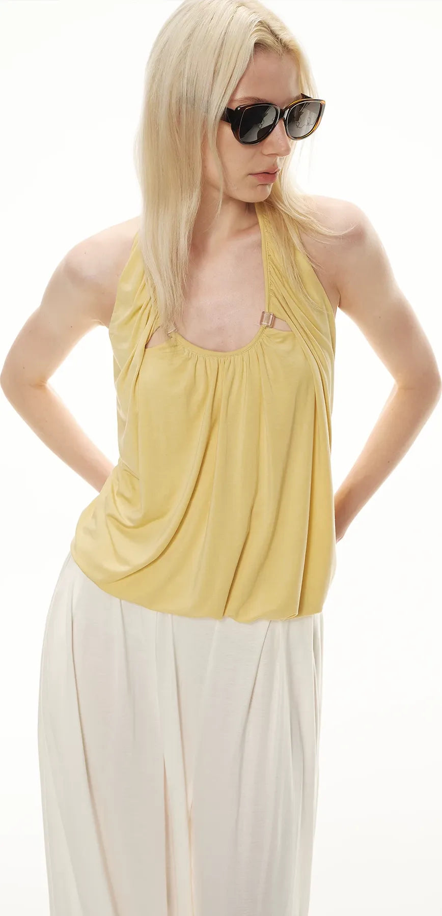 Modal Draped Halter Top with Pearl Neckline