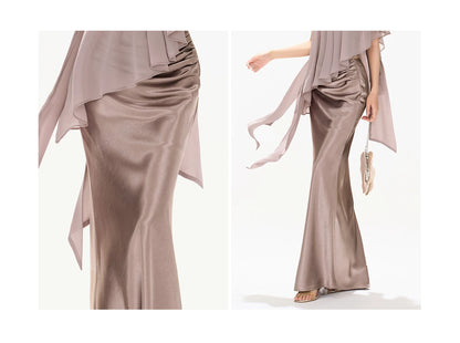 Amber Glow High-Waist Fishtail Satin Skirt