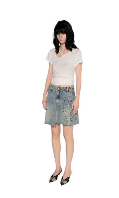 Washed Graffiti A-Line Denim Skirt