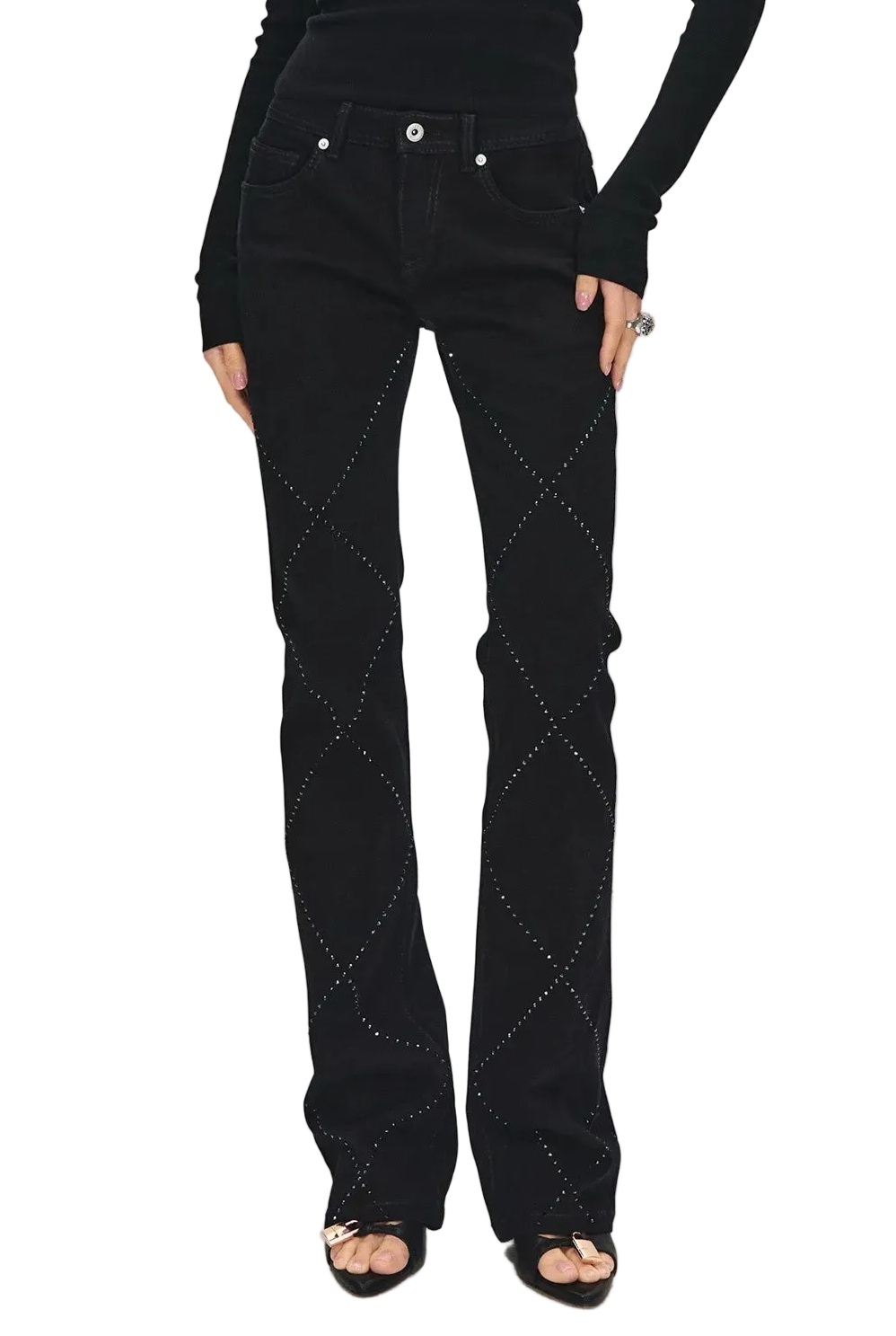 Stylish Quilted Rhinestone Mid-Low Waist Black Slim Flared