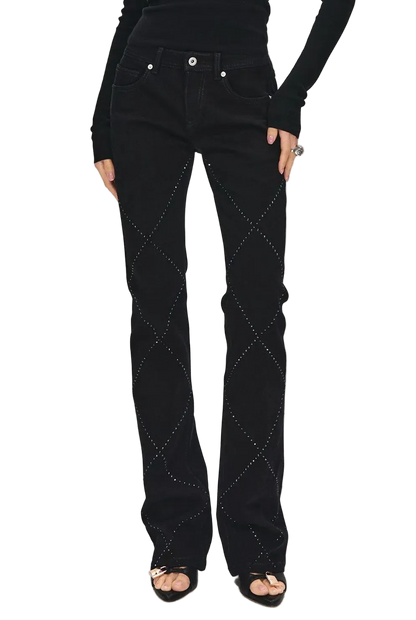 Stylish Quilted Rhinestone Mid-Low Waist Black Slim Flared