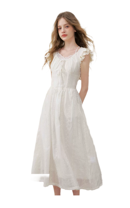 Embroidered Flutter Sleeve Dress