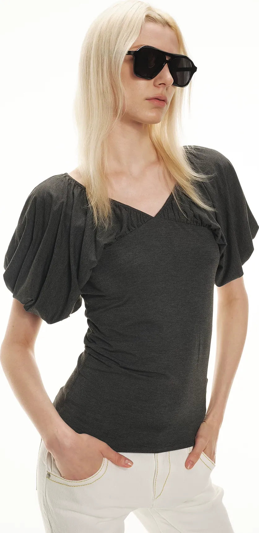 Soft Draped Puff Sleeve V-Neck Slim T-Shirt
