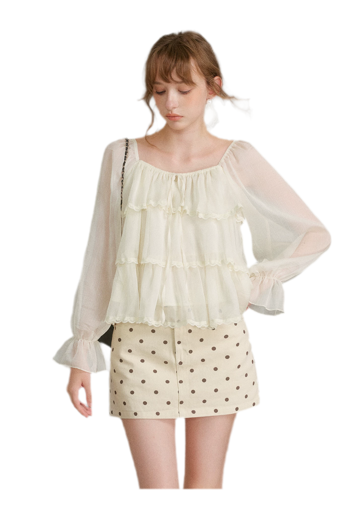 Chiffon Ruffle Lantern Sleeve Blouse