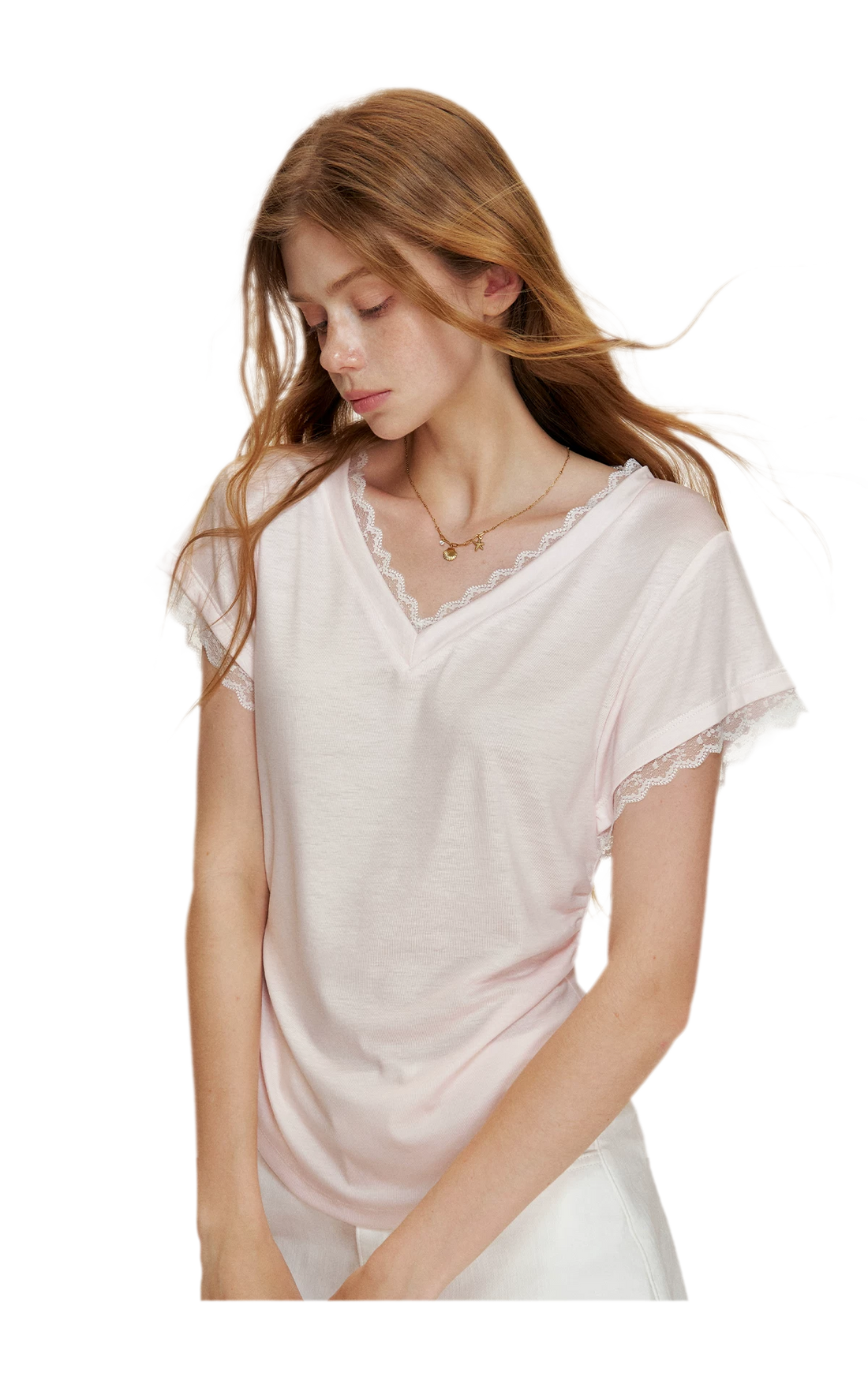 Tencel Lace Trim Loose Short Sleeve T-Shirt