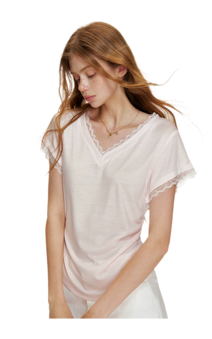 Tencel Lace Trim Loose Short Sleeve T-Shirt