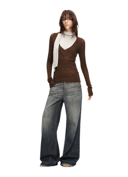 Faux Mohair Deep-V Sweater