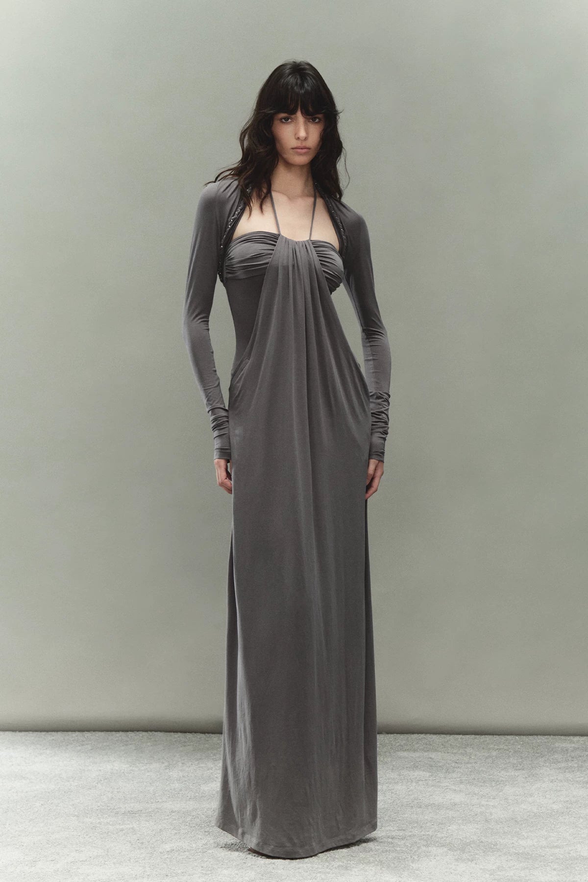 Laisel Handwoven Twist Metallic Chain Pleated Halter Dress