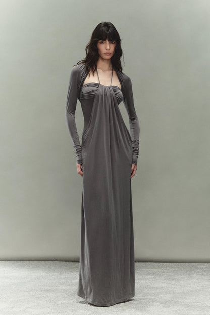 Laisel Handwoven Twist Metallic Chain Pleated Halter Dress