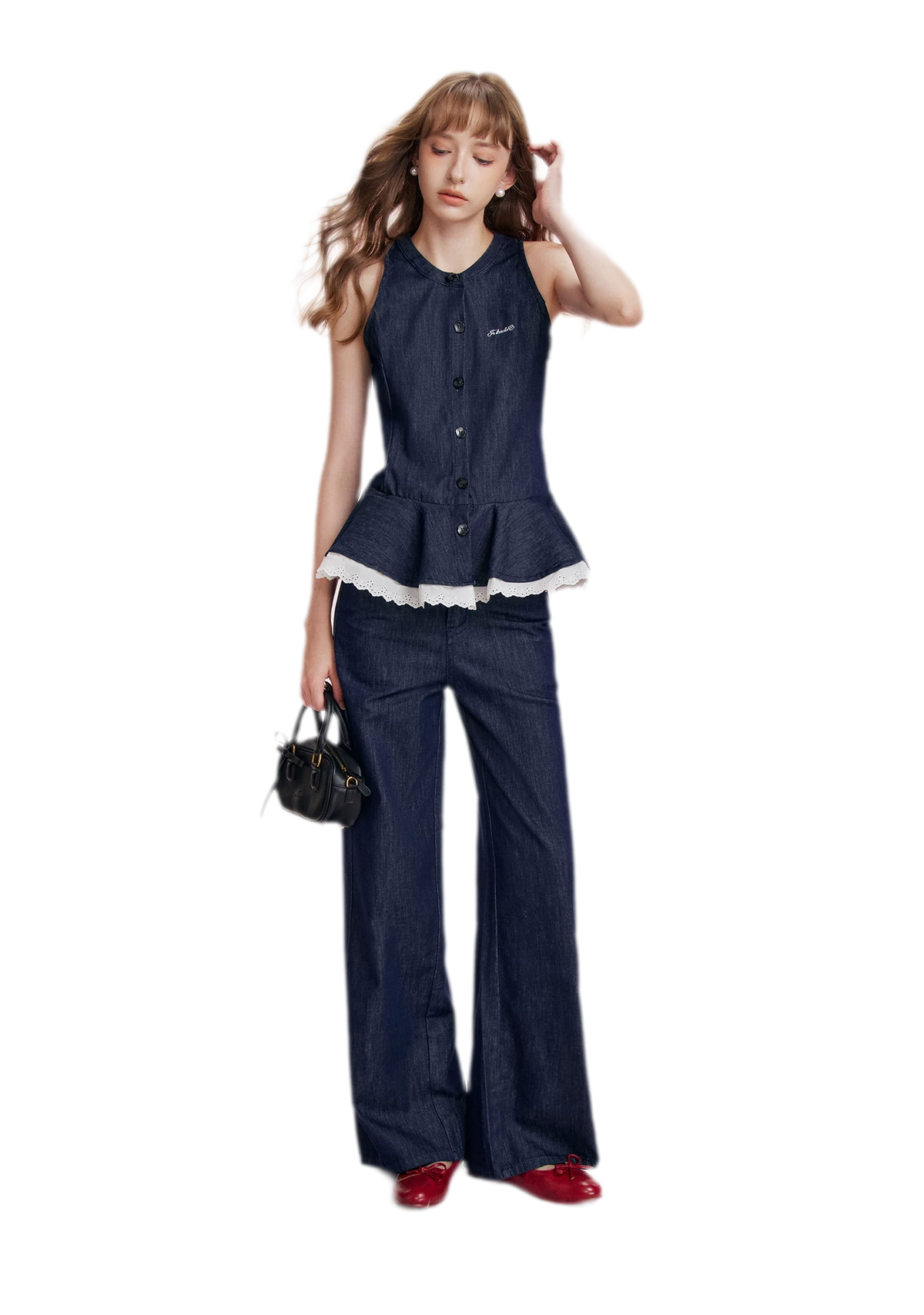 Lace Trim Peplum Denim Set