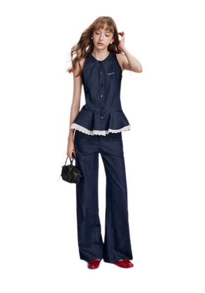 Lace Trim Peplum Denim Set