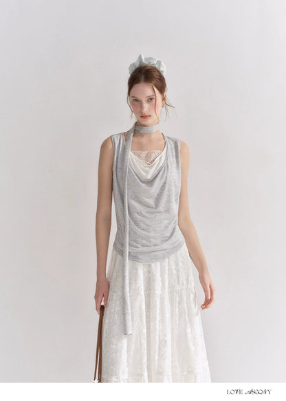 Draped Neckline Lace Patchwork Vest