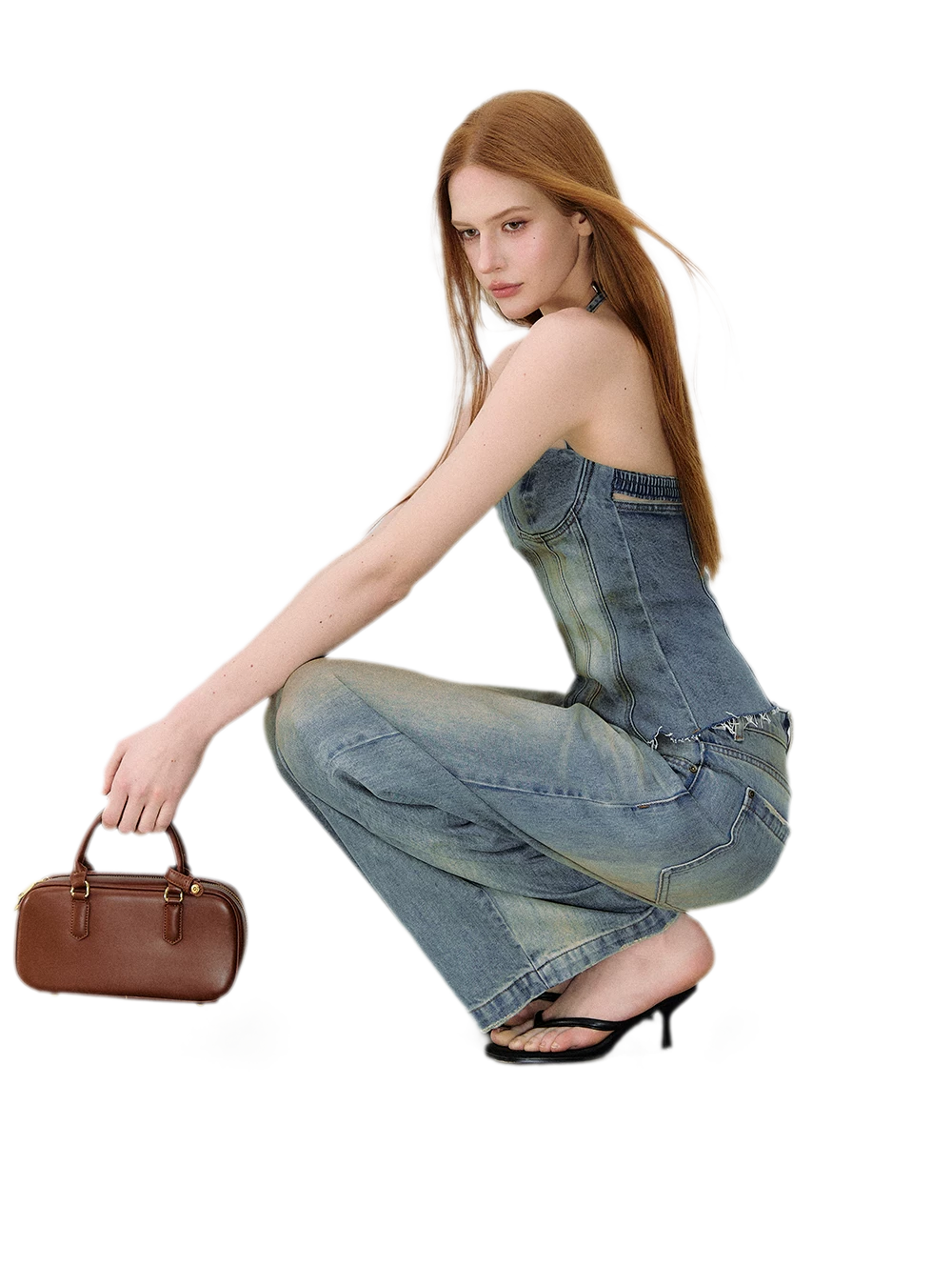 Denim Halter Top and Wide-Leg Jeans Set