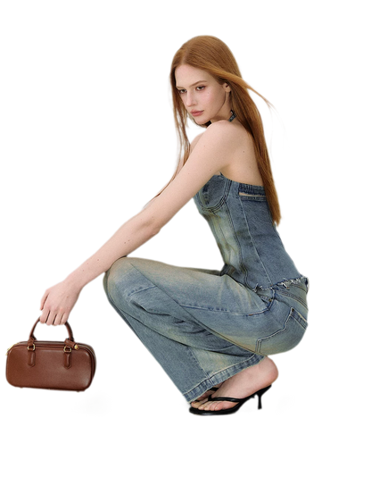 Denim Halter Top and Wide-Leg Jeans Set
