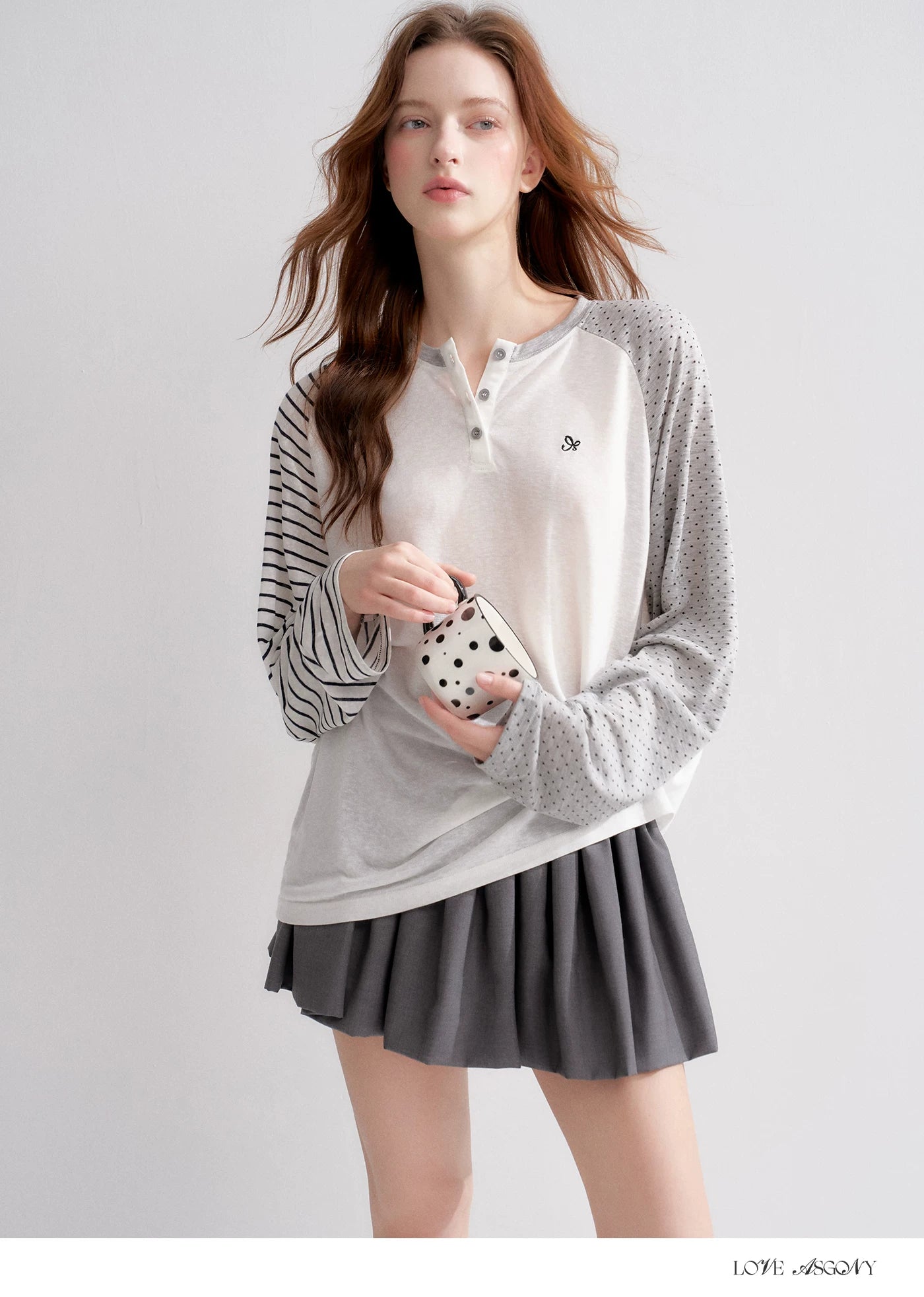 Striped Polka Dot Raglan Sleeve Long Sleeve Pullover