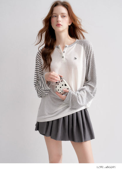 Striped Polka Dot Raglan Sleeve Long Sleeve Pullover