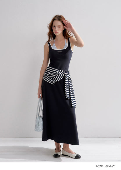 Contrast Color U-Neck Halter Knit Long Dress