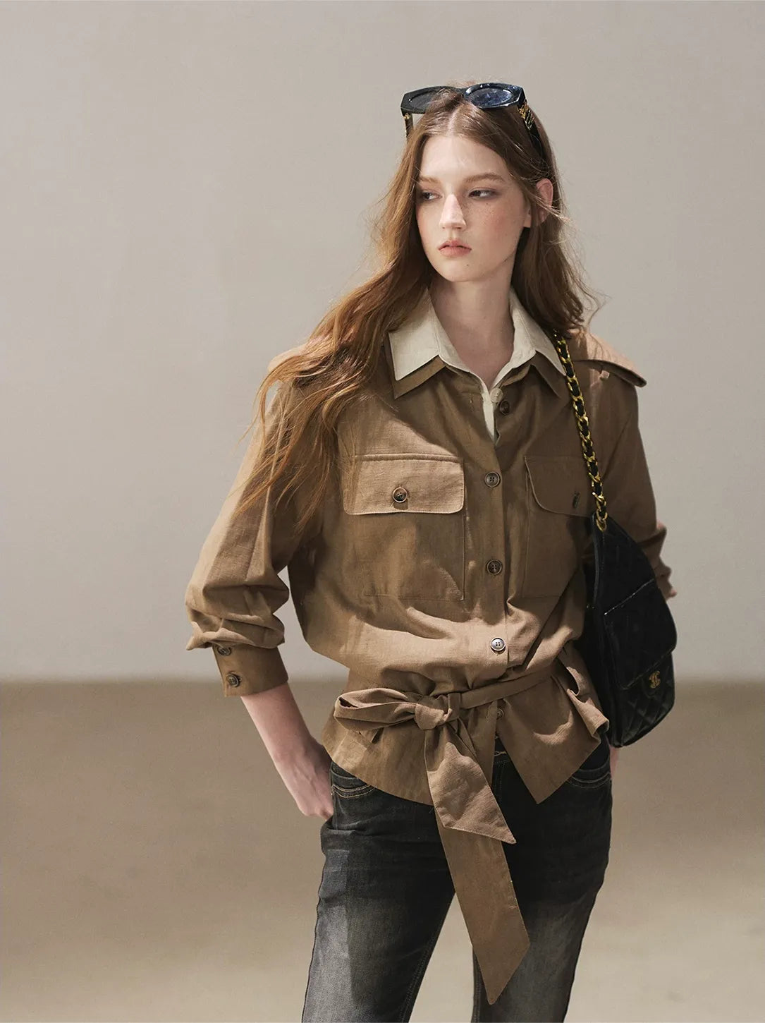 Cotton Linen Cinched Workwear Shirt