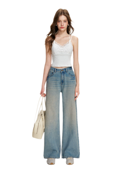 Lace-Trimmed Wide-Leg Denim Pants