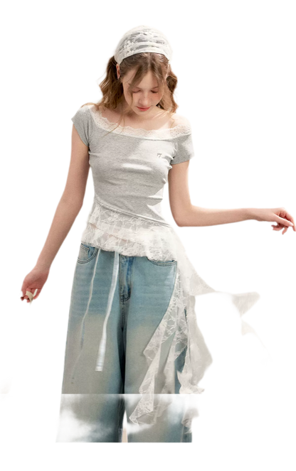 Asymmetric Lace Off-Shoulder T-Shirt