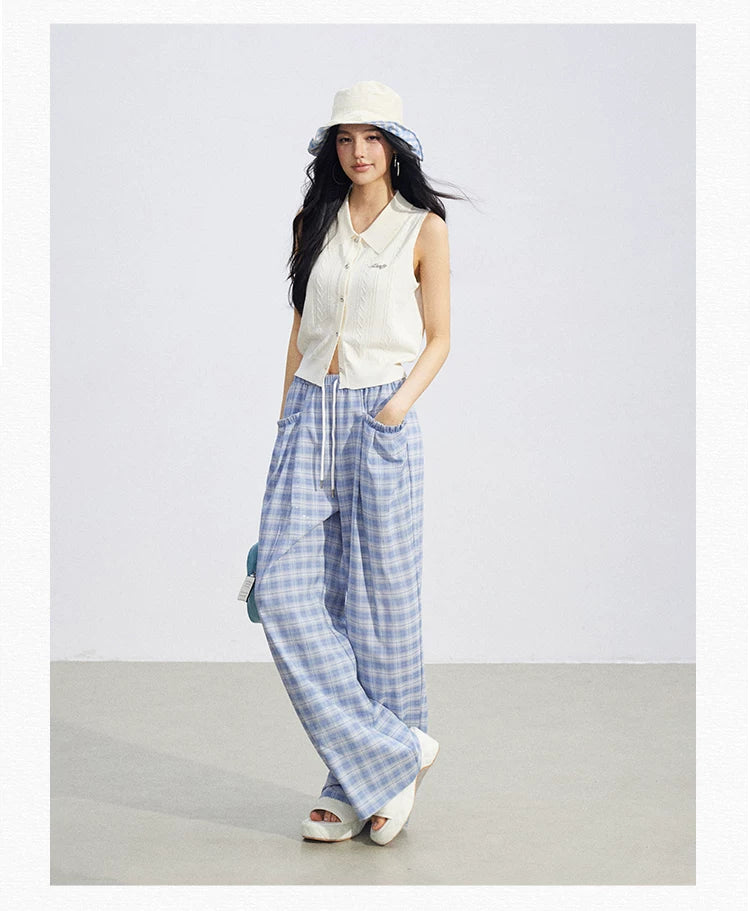 Lace Trim Plaid Wide-Leg Pants