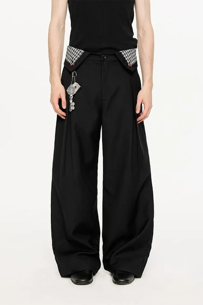 Pleated Houndstooth Wide-Leg Trousers