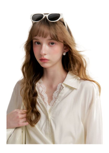 Tencel Lace V-Neck Long Sleeve Shirt