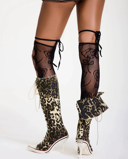 Studded Lace-Up Knee-High Boots