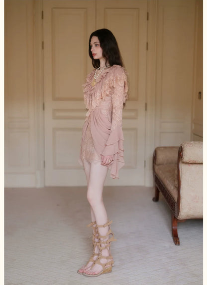 Lace Pleated V-Neck Dress
