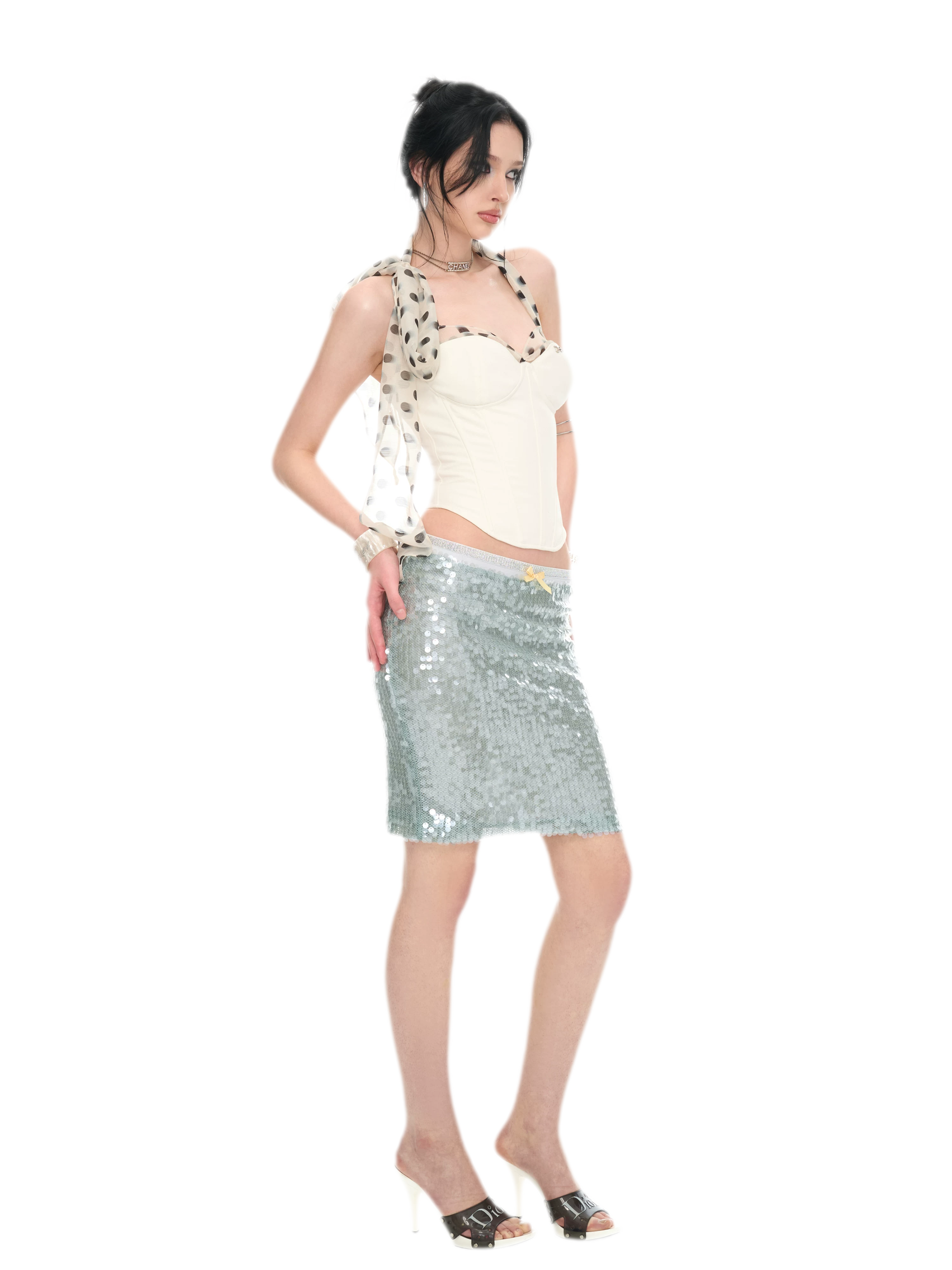 Sequin-Embellished Silver Waist Midi Skirt