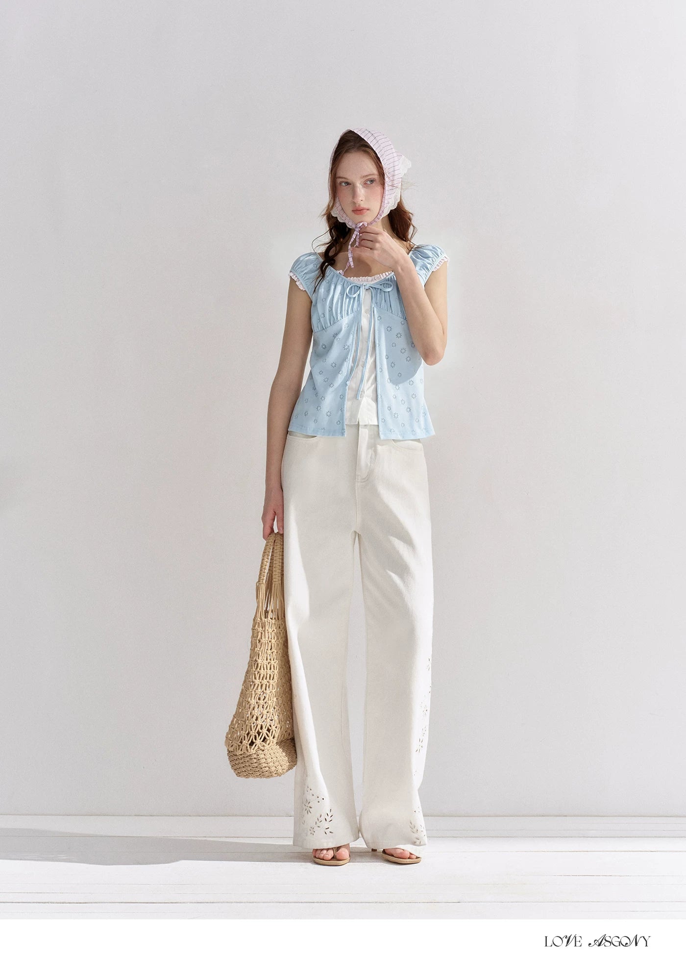 Two-Layer Floral Cutout Contrast Tie-Front Blouse