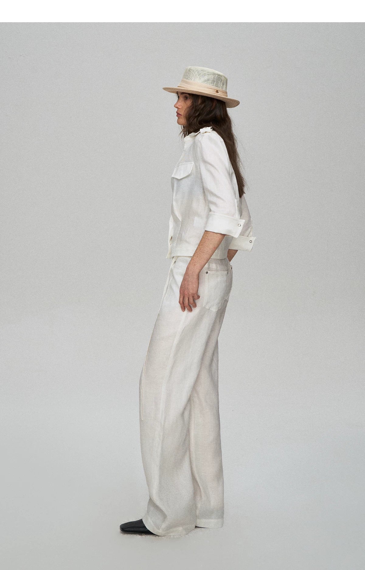 Tencel Linen Cool-Feel Mid-Sleeve Shirt &amp; High-Waist Wide-Leg