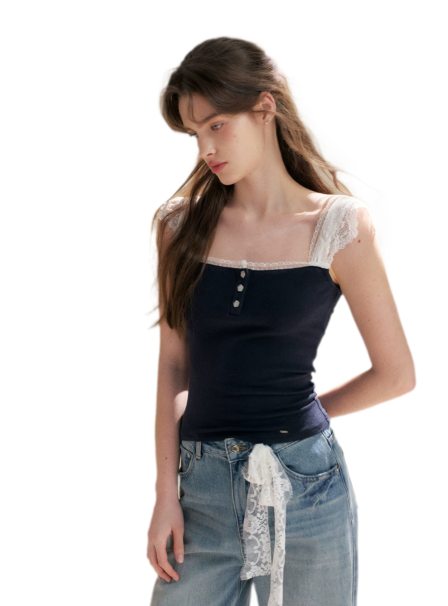 Lace Edge Wide Strap Knit T-Shirt