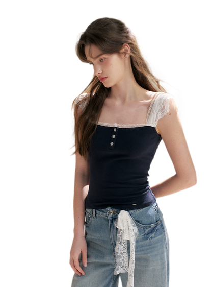 Lace Edge Wide Strap Knit T-Shirt