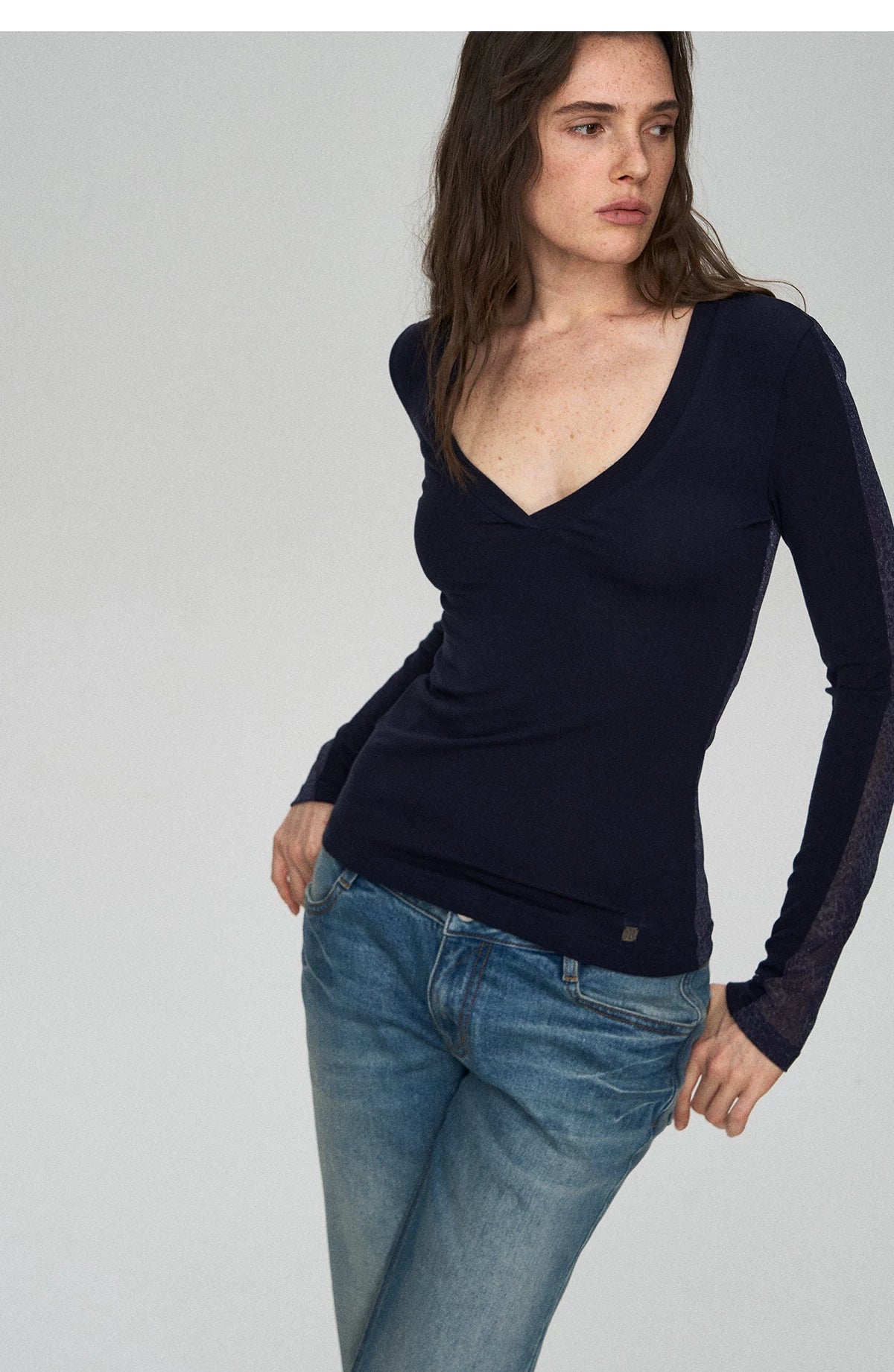 Wool Lyocell V-Neck Long Sleeve Top with Lace