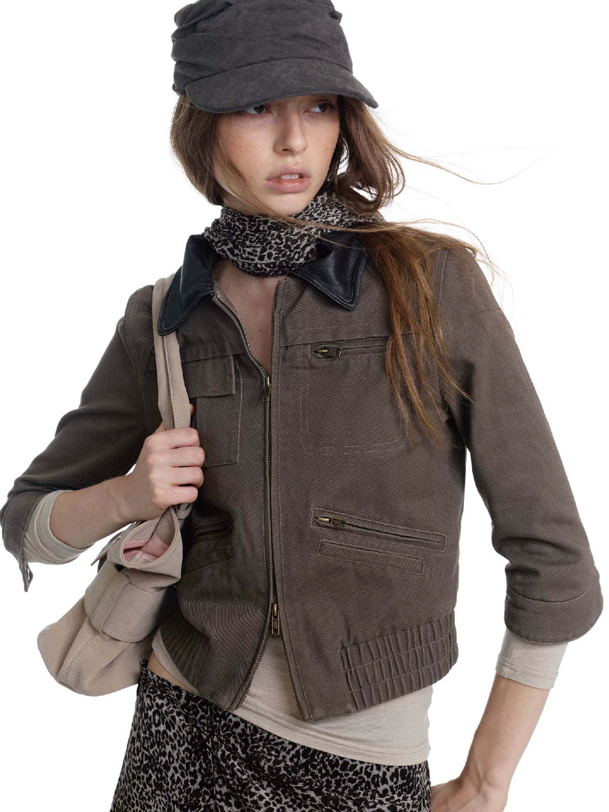 Washed Leather Cropped Cargo Jacket