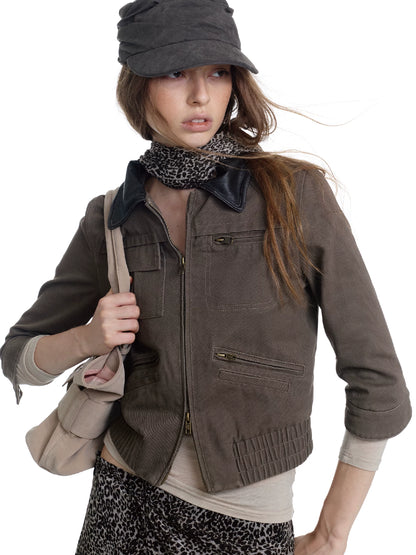 Washed Leather Cropped Cargo Jacket