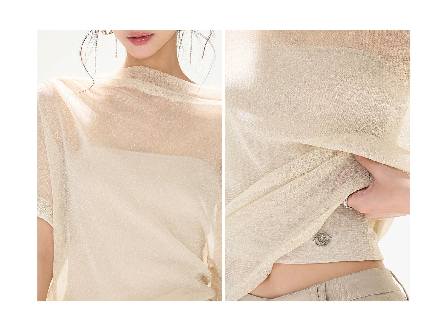 Silver Mesh Beaded Batwing Sleeve Top