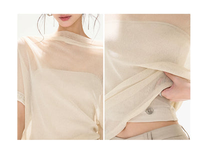 Silver Mesh Beaded Batwing Sleeve Top