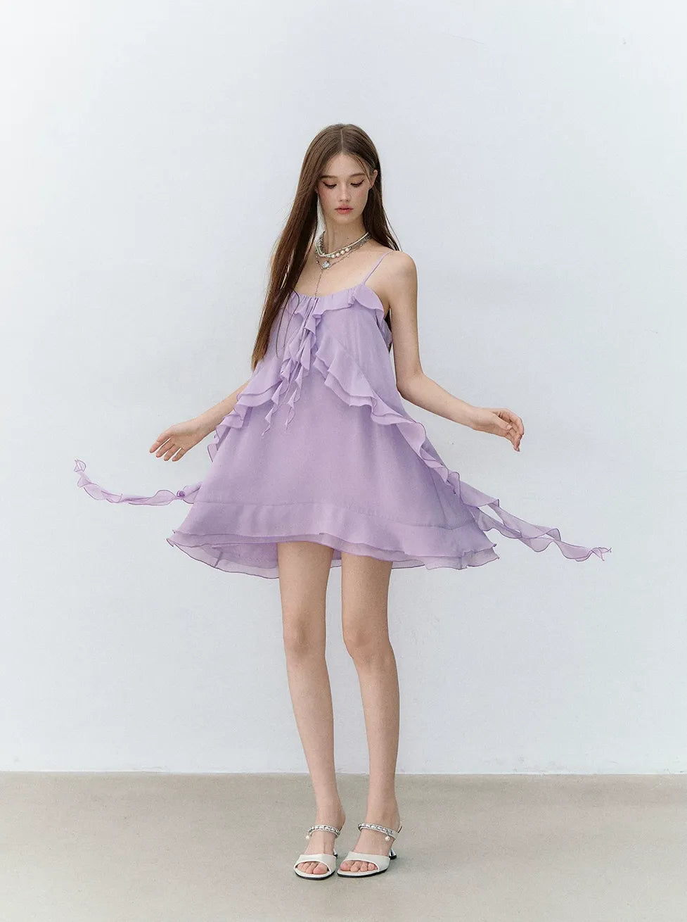 Lavender Purple Chiffon Ruffle Summer Dress Taro Purple / S