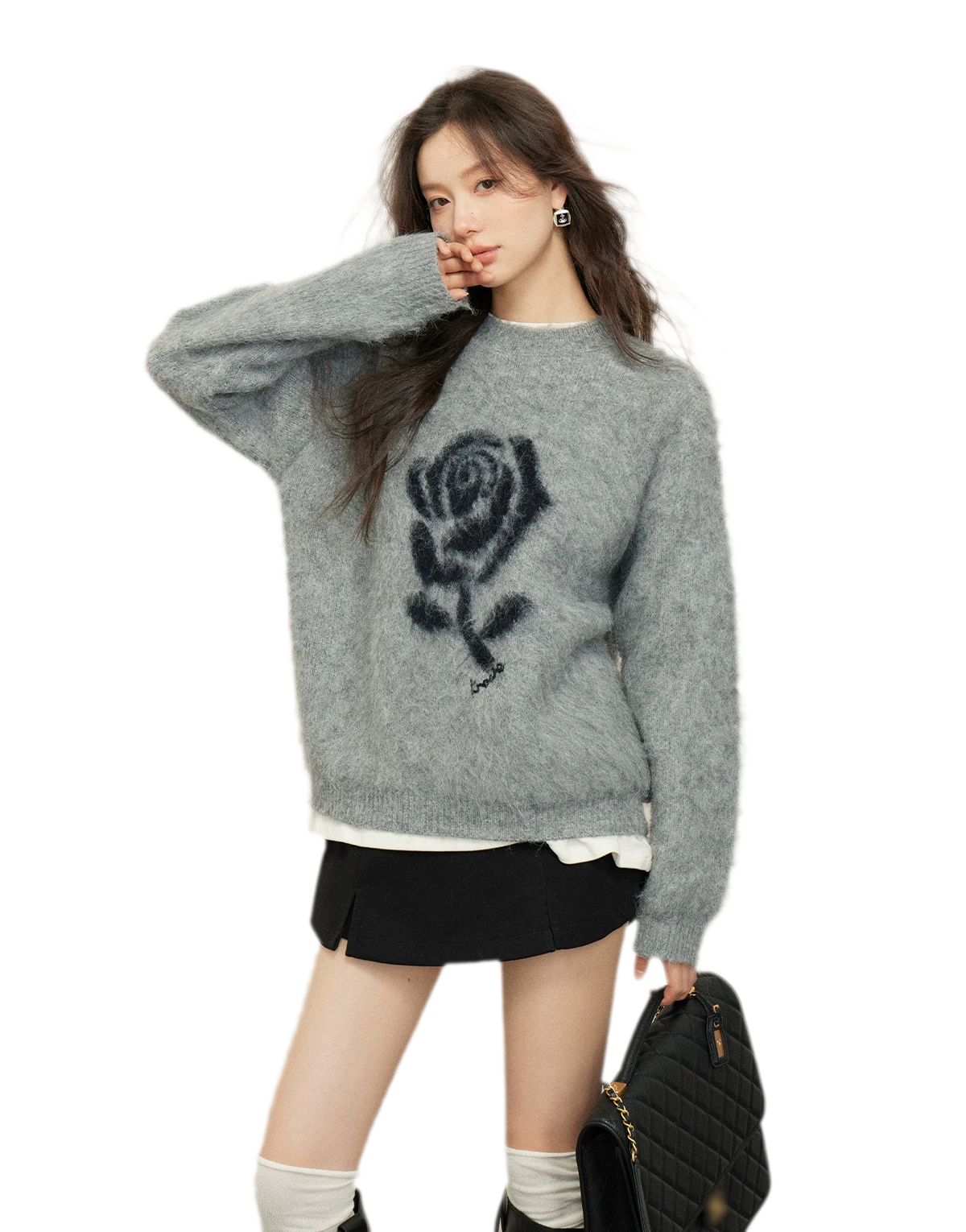 Rose Jacquard Grey Sweater