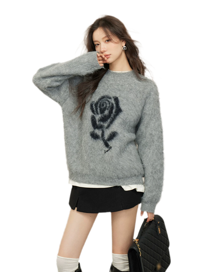 Rose Jacquard Grey Sweater