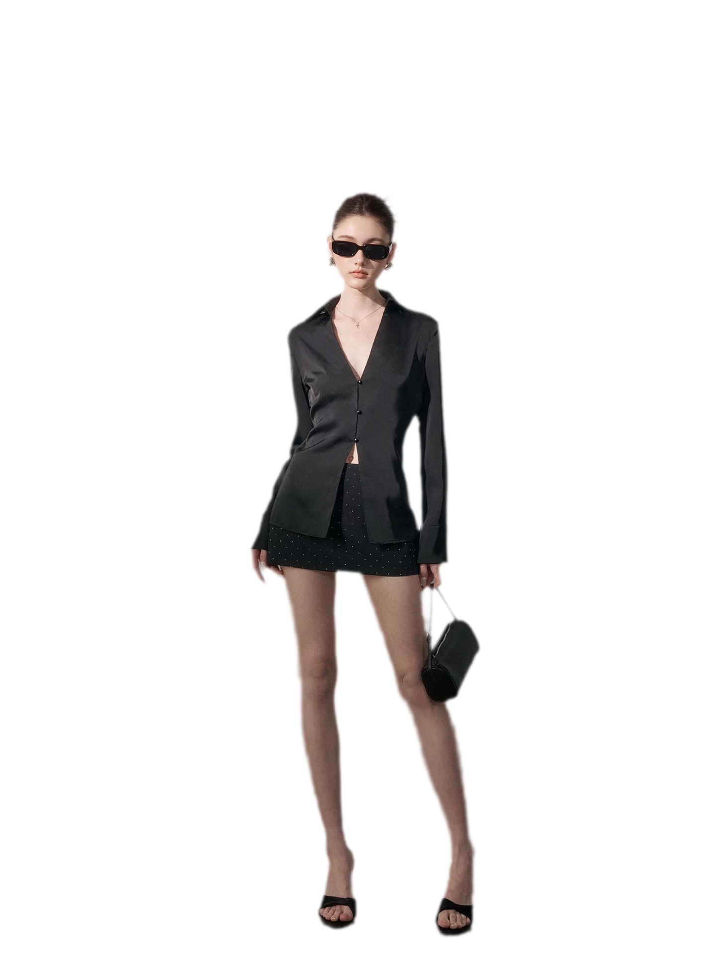 Satin Three-Button V-Neck Blouse