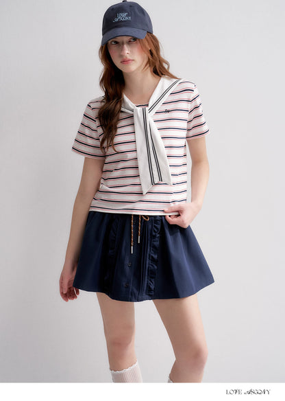 Navy Sailor Collar Tie-Striped Short T-shirt