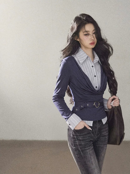 Striped Faux-Layer Long-Sleeve Tee