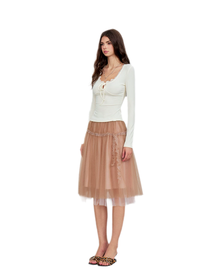 Layered Mesh Ruffle Midi Skirt