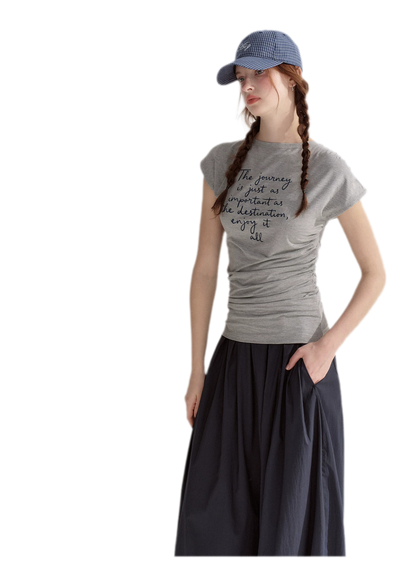 Ruched Embroidered Sleeve T-Shirt