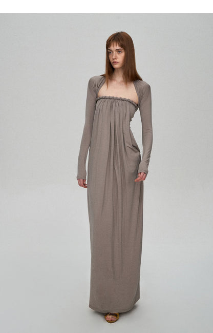 Sculptural 93% Lyocell Pleated Long Dress