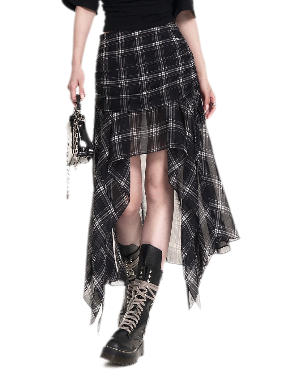 Plaid Asymmetric Midi Skirt